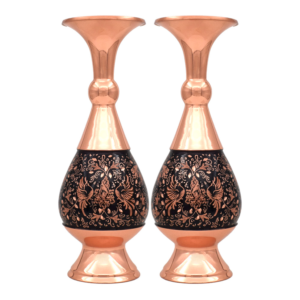 گلدان مسی مدل الماس تراش طرح گل و مرغ کد 20 مجموعه 2 عددی