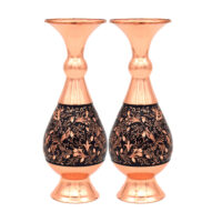 گلدان مسی مدل الماس تراش طرح گل و مرغ مجموعه 2 عددی