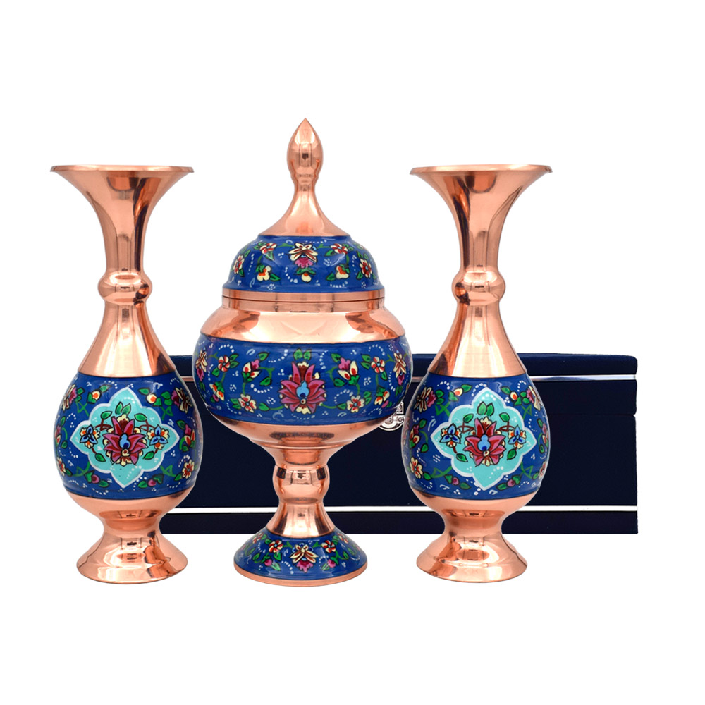 ست 3 تکه شکلات خوری و گلدان میناکاری مسی طرح پرداز کد 20 - تصویر 2