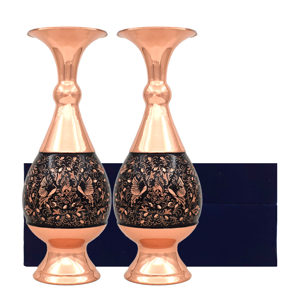 گلدان مسی مدل الماس تراش طرح گل و مرغ کد 25-3 مجموعه 2 عددی - تصویر 7