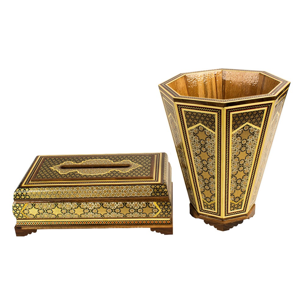 ست سه تکه سطل و جعبه دستمال خاتم کاری کد A30 - تصویر 3