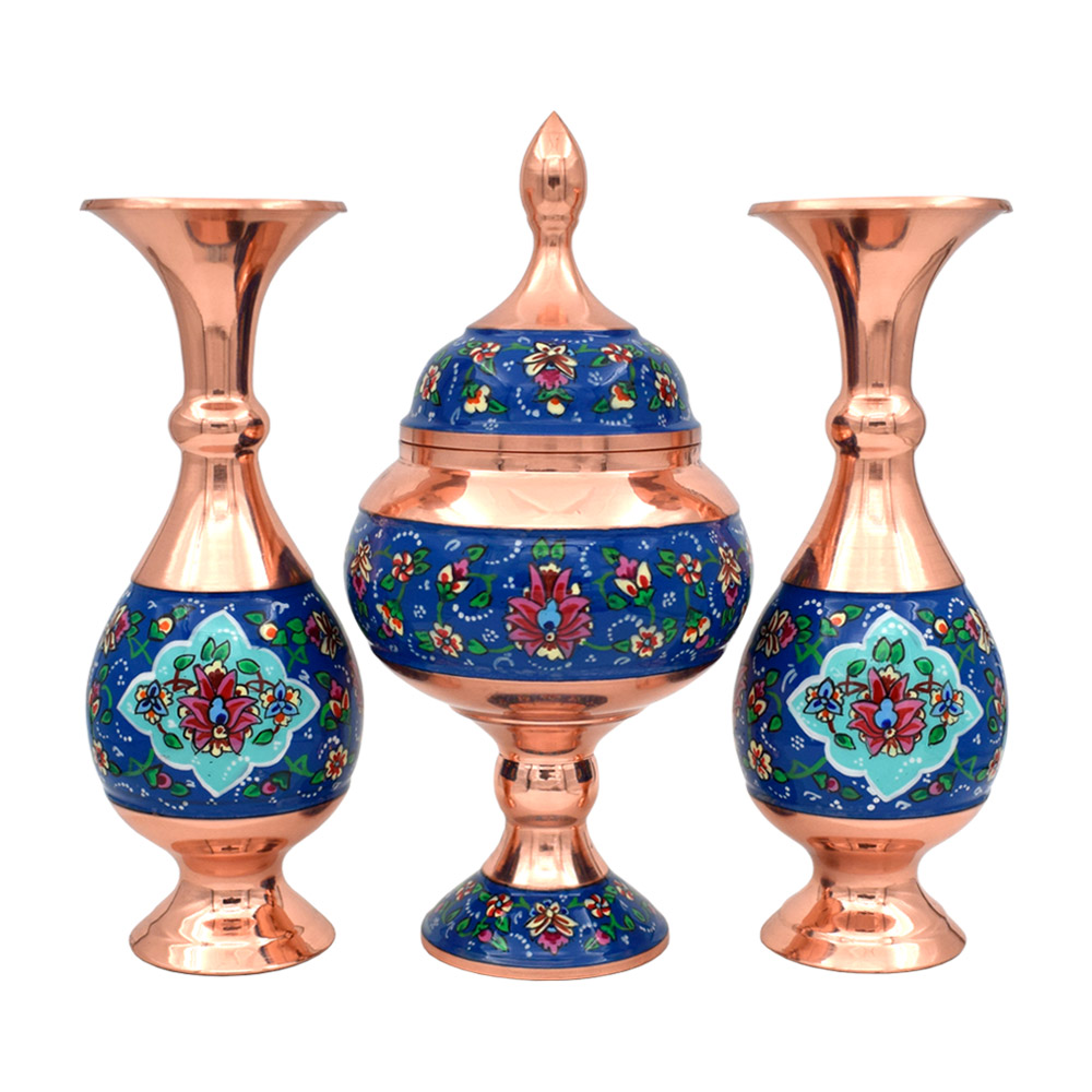 ست 3 تکه شکلات خوری و گلدان میناکاری مسی طرح پرداز کد 20