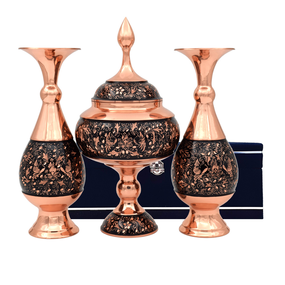 ست سه تکه گلدان و شکلات خوری مدل الماس تراش طرح گل و مرغ کد 25-3 - تصویر 8