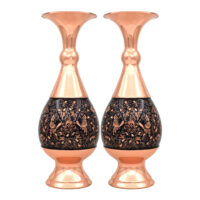 گلدان مسی مدل الماس تراش طرح گل و مرغ کد 25-3 مجموعه 2 عددی