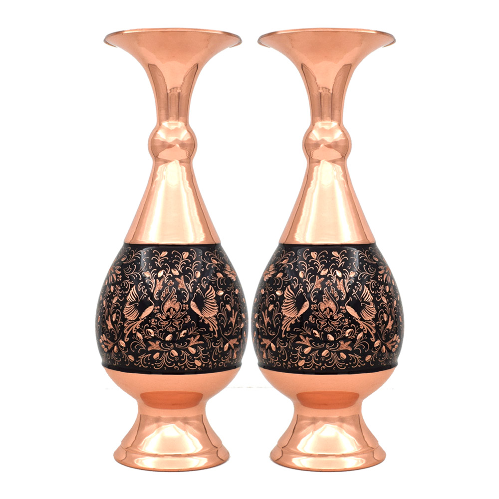 گلدان مسی مدل الماس تراش طرح گل و مرغ کد 25-3 مجموعه 2 عددی