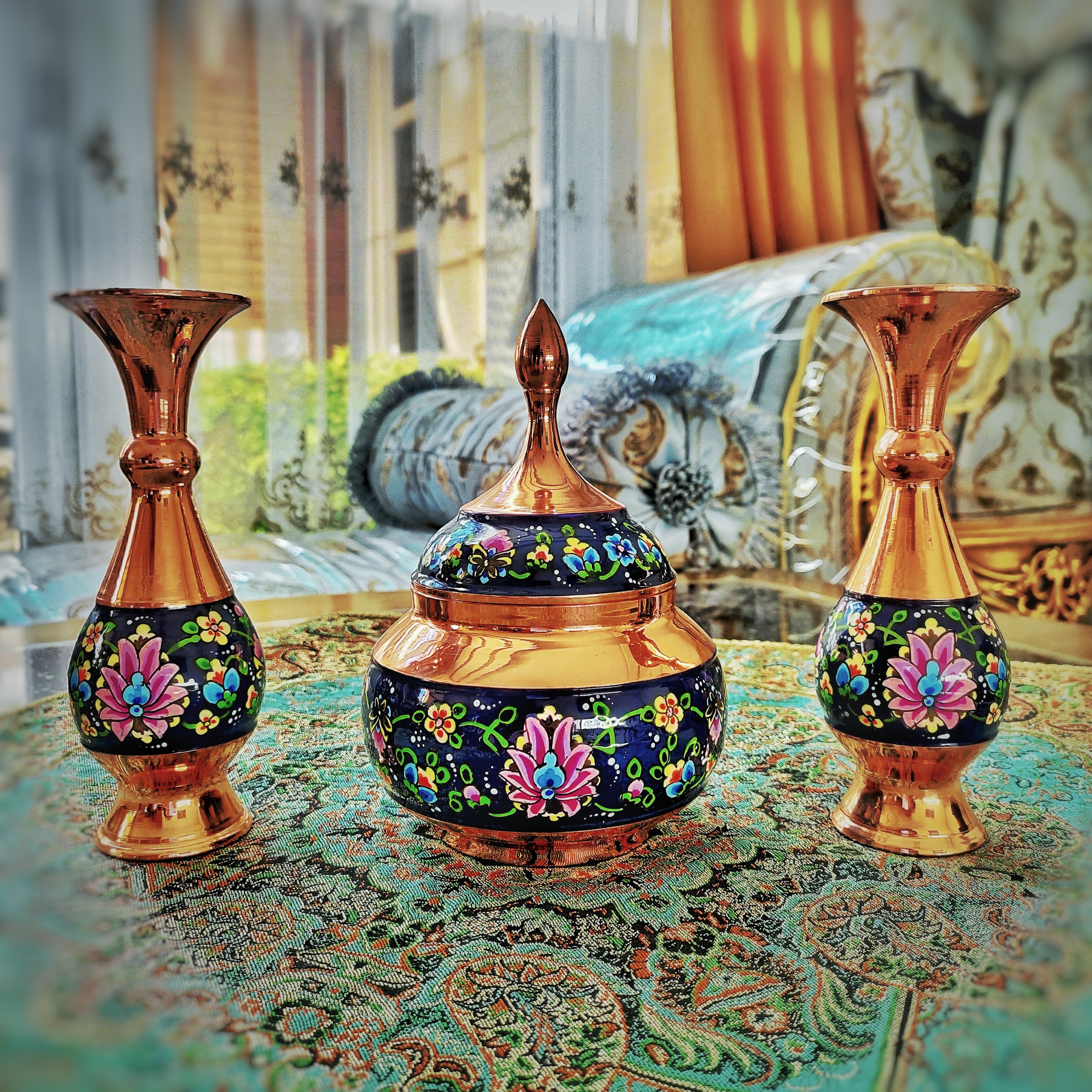 ست 3 تکه گلدان و شکلات خوری مسی مدل پرداز کد 18 - تصویر 3