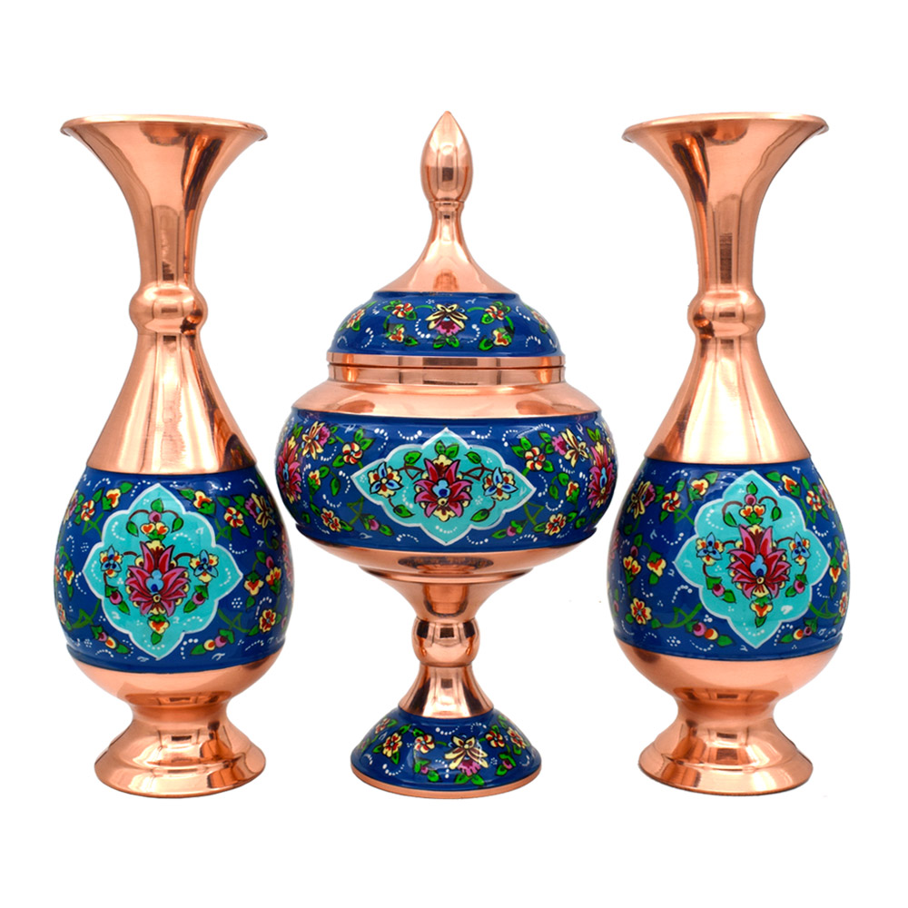 ست شکلات خوری و گلدان میناکاری مسی طرح پرداز کد 25 مجموعه 3 عددی