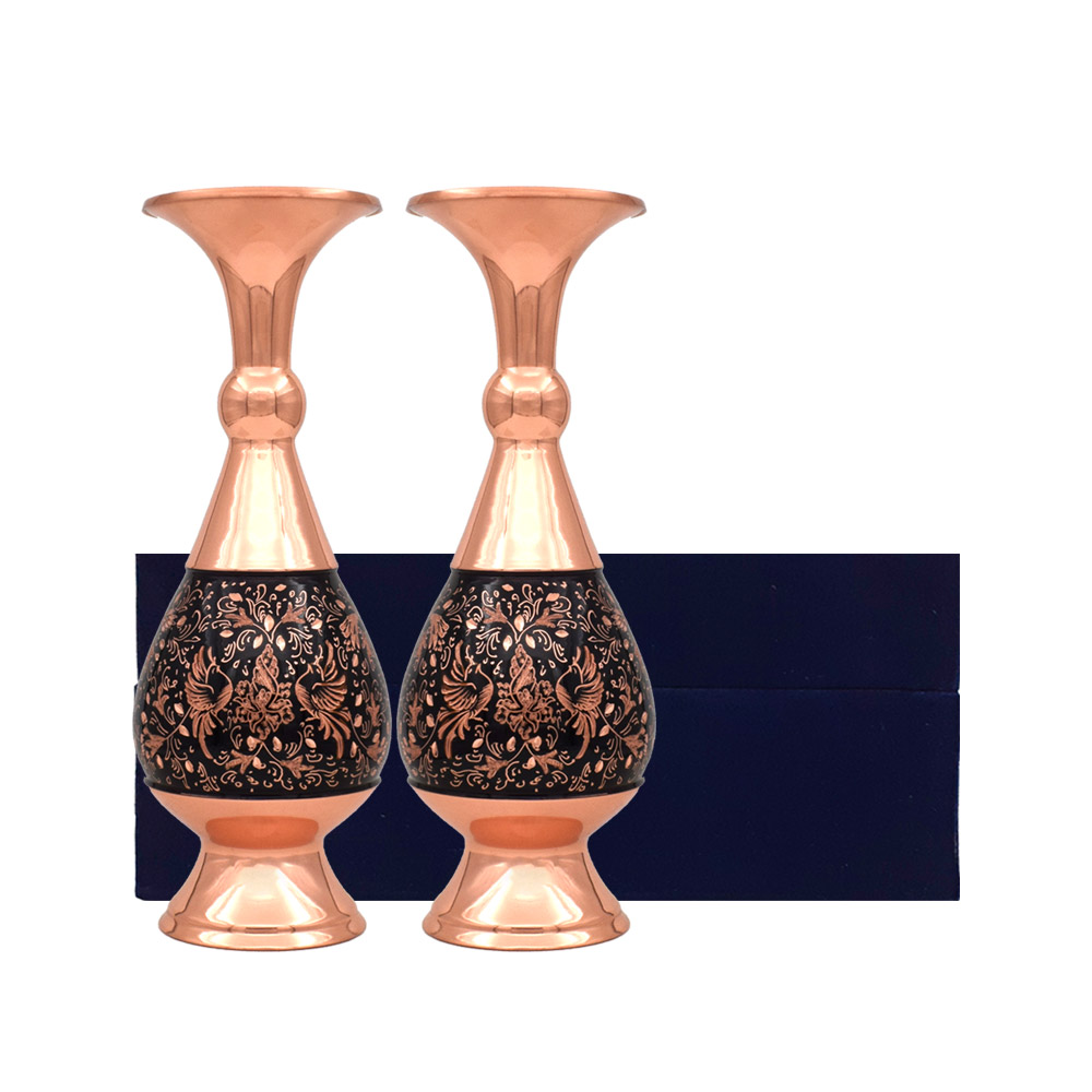 گلدان مسی مدل الماس تراش طرح گل و مرغ کد 20 مجموعه 2 عددی - تصویر 3