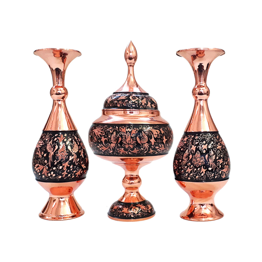 ست سه تکه گلدان و شکلات خوری مدل الماس تراش طرح گل و مرغ کد 25-3 - تصویر 4